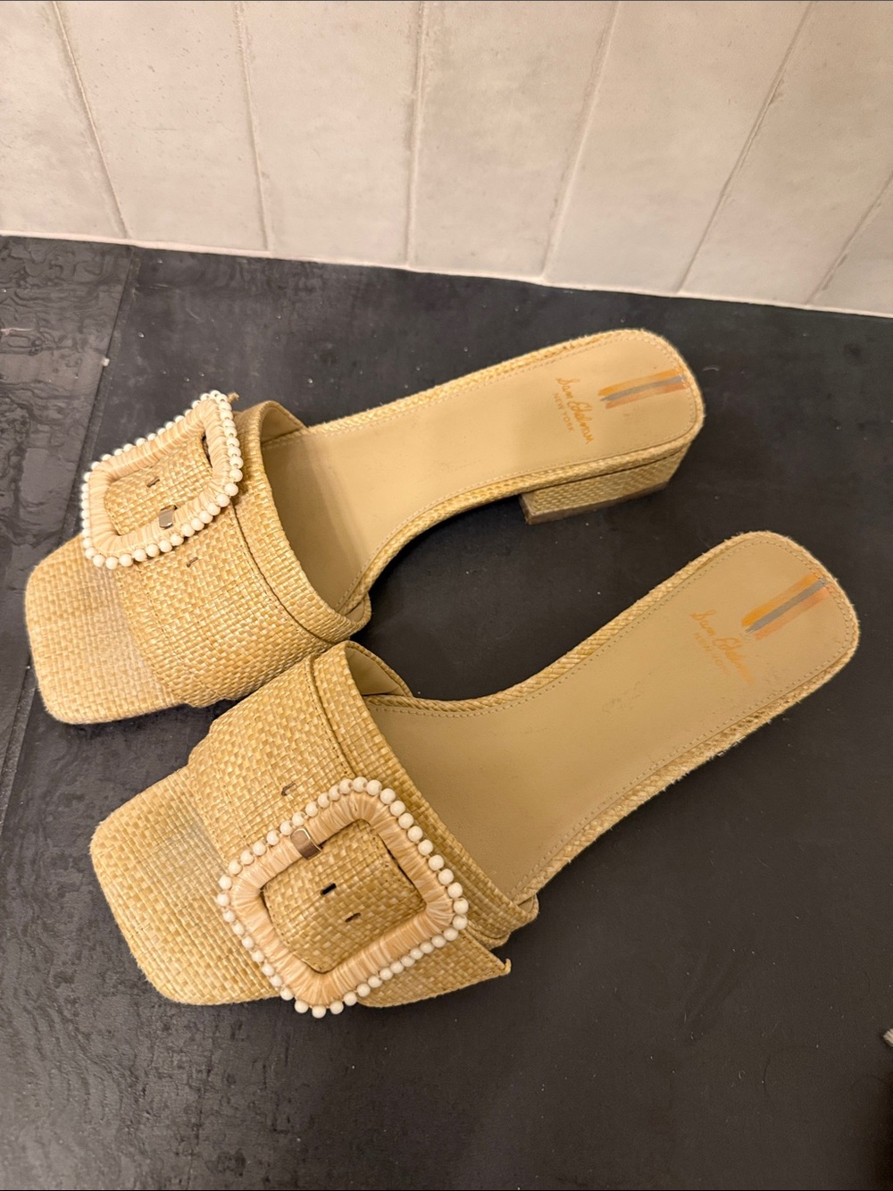 Sam Edelman Natural Raffia Slide Mules with Beaded Buckle